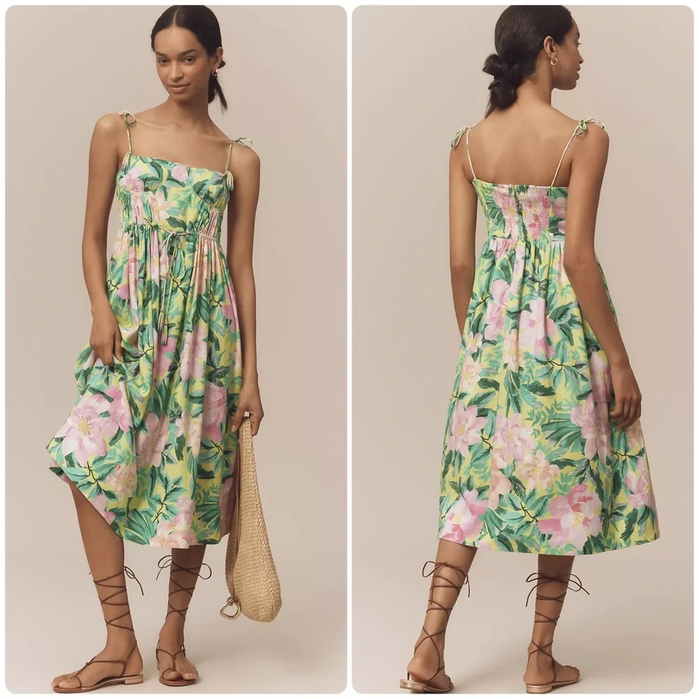 FARM Rio Linen Blend Tie-Strap Sweetheart Babydoll Midi Dress Size XS NEW - Picture 1 of 11